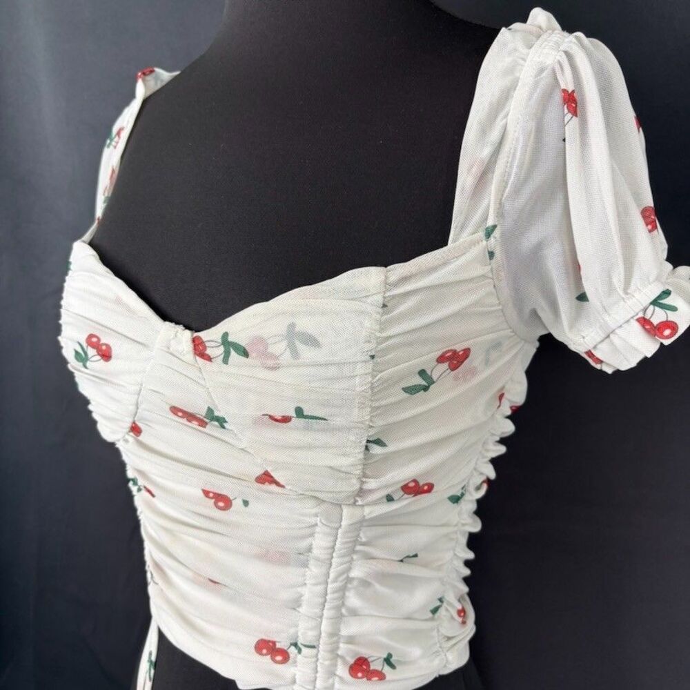 O.Vianca Mesh Top S Cherry Print Coquette Babydoll Pin Up Sheer Picnic Womens